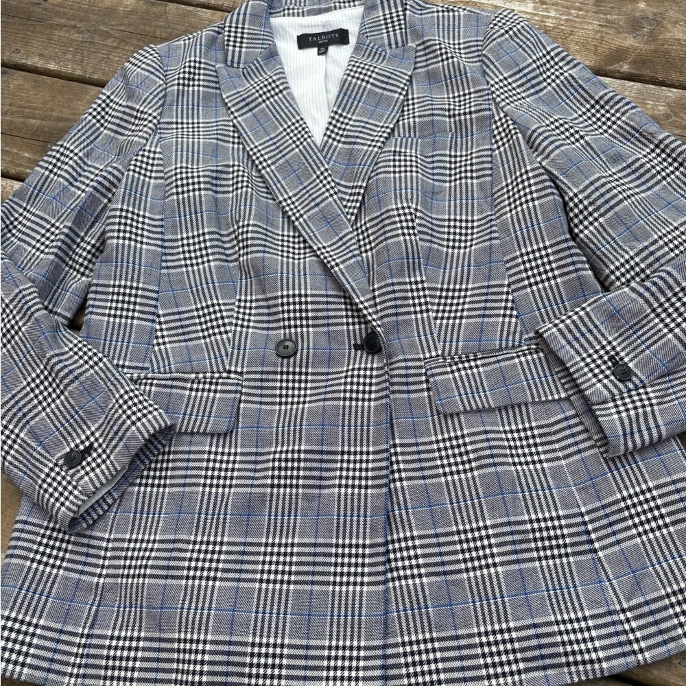 Talbots Black/White/Blue Blazer Classic Glen Plaid size 10p